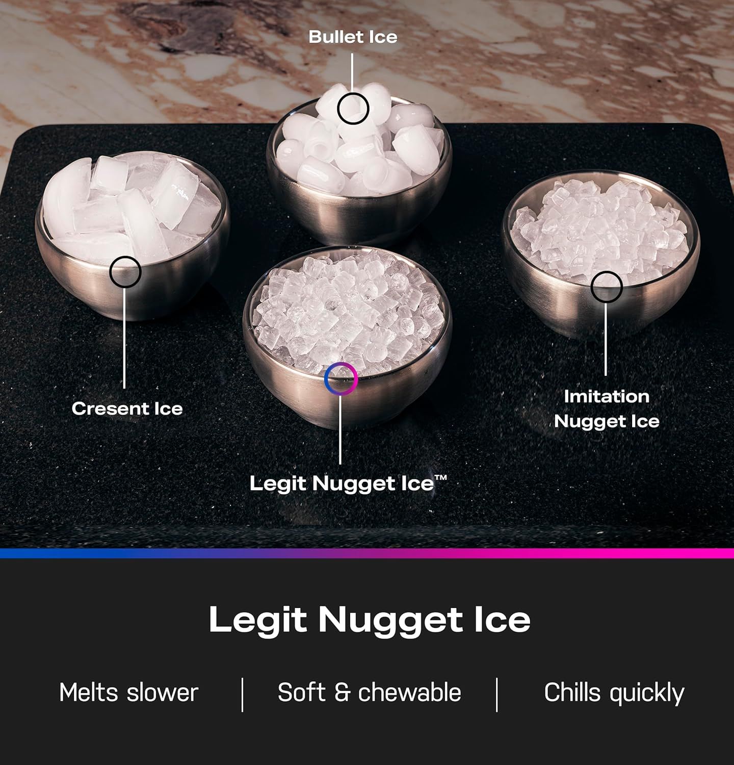 Demonstrates the superiority of the product's 'Legit Nugget Ice' by comparing it visually to competing ice types, highlighting that it melts slower, is soft and chewable, and chills quickly.…
