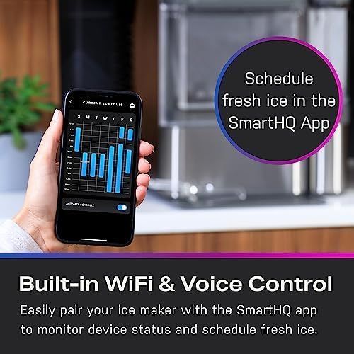Communicates that the ice maker can be controlled and scheduled remotely via the SmartHQ app, emphasizing convenience and smart home integration.