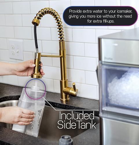 Communicates that the product includes a side tank accessory that provides extra water to the icemaker, eliminating the need for frequent refills and adding convenience. Highlights the key benefit…
