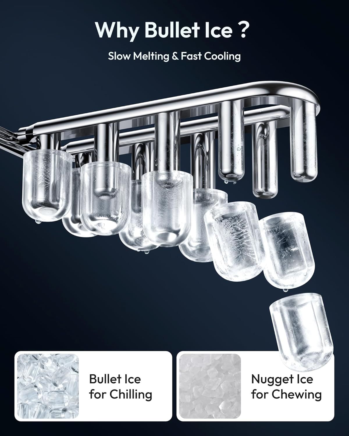Demonstrates why bullet ice is superior to nugget ice by highlighting its slow melting and fast cooling properties, positioning it as the better choice for chilling drinks.