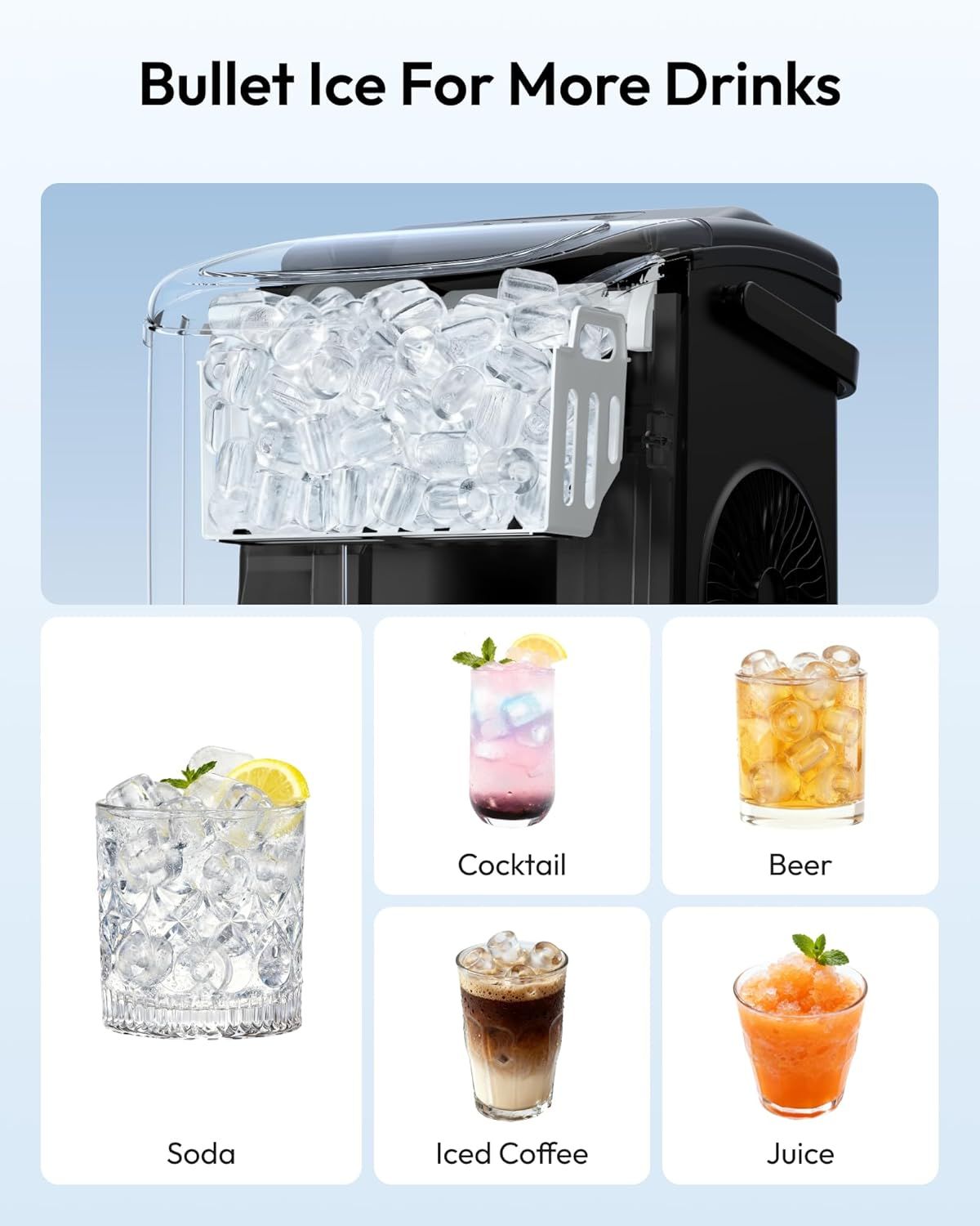 Demonstrates the versatility of the bullet ice maker by showing it can be used for multiple types of drinks including soda, cocktails, beer, iced coffee, and juice, reassuring shoppers of its broad…