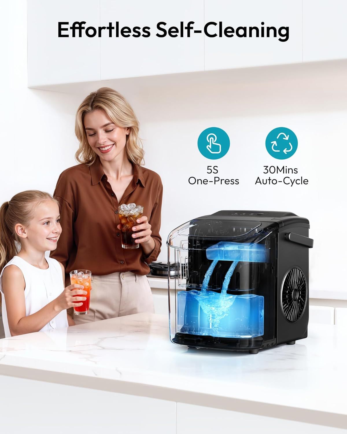 Communicates that the ice maker cleans itself automatically with a simple one-press activation, offering convenience and effortless maintenance for busy families.