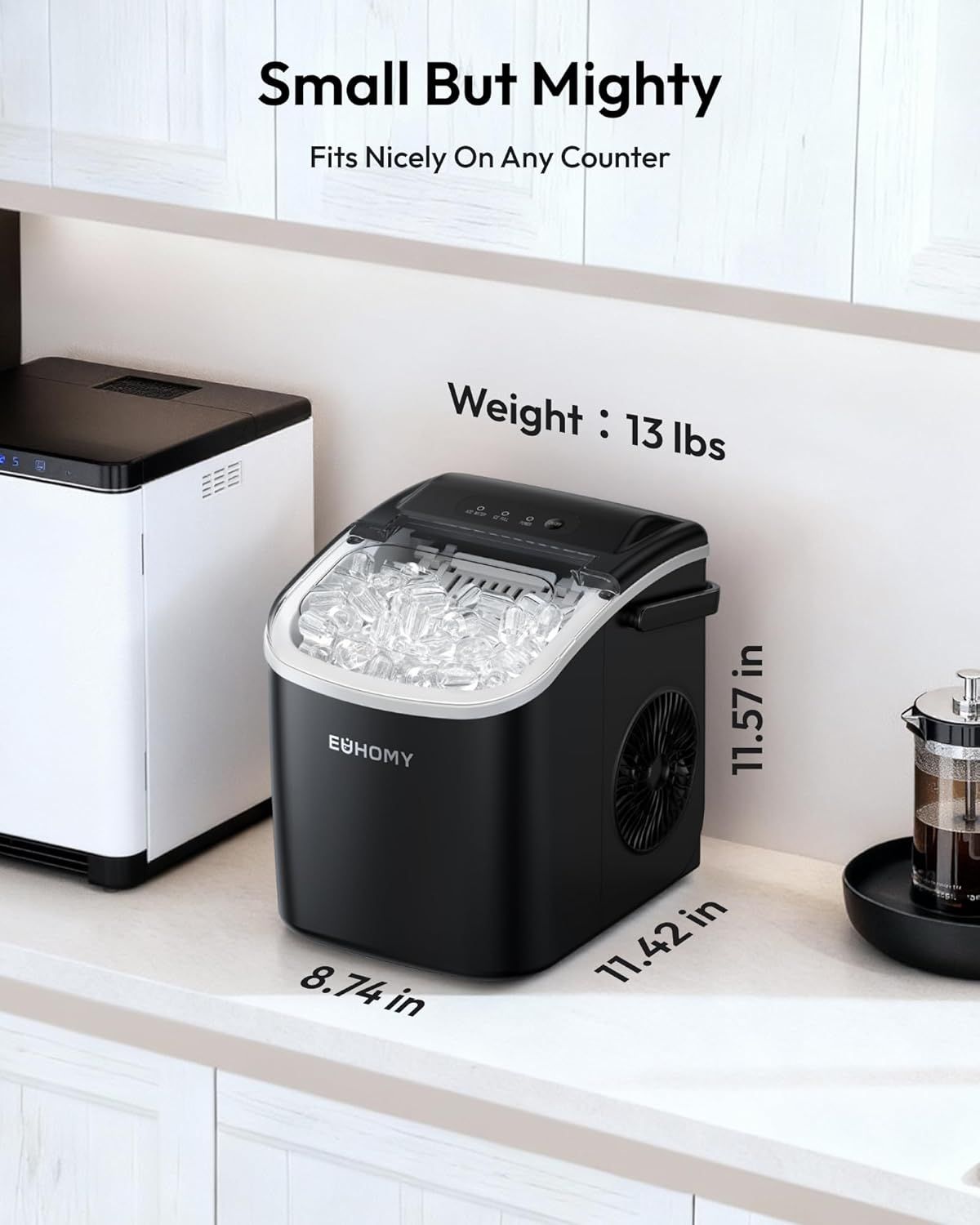 Communicates the product's compact footprint and lightweight design to reassure shoppers it will fit easily on any countertop without taking up excessive space. Highlights the key benefit that…