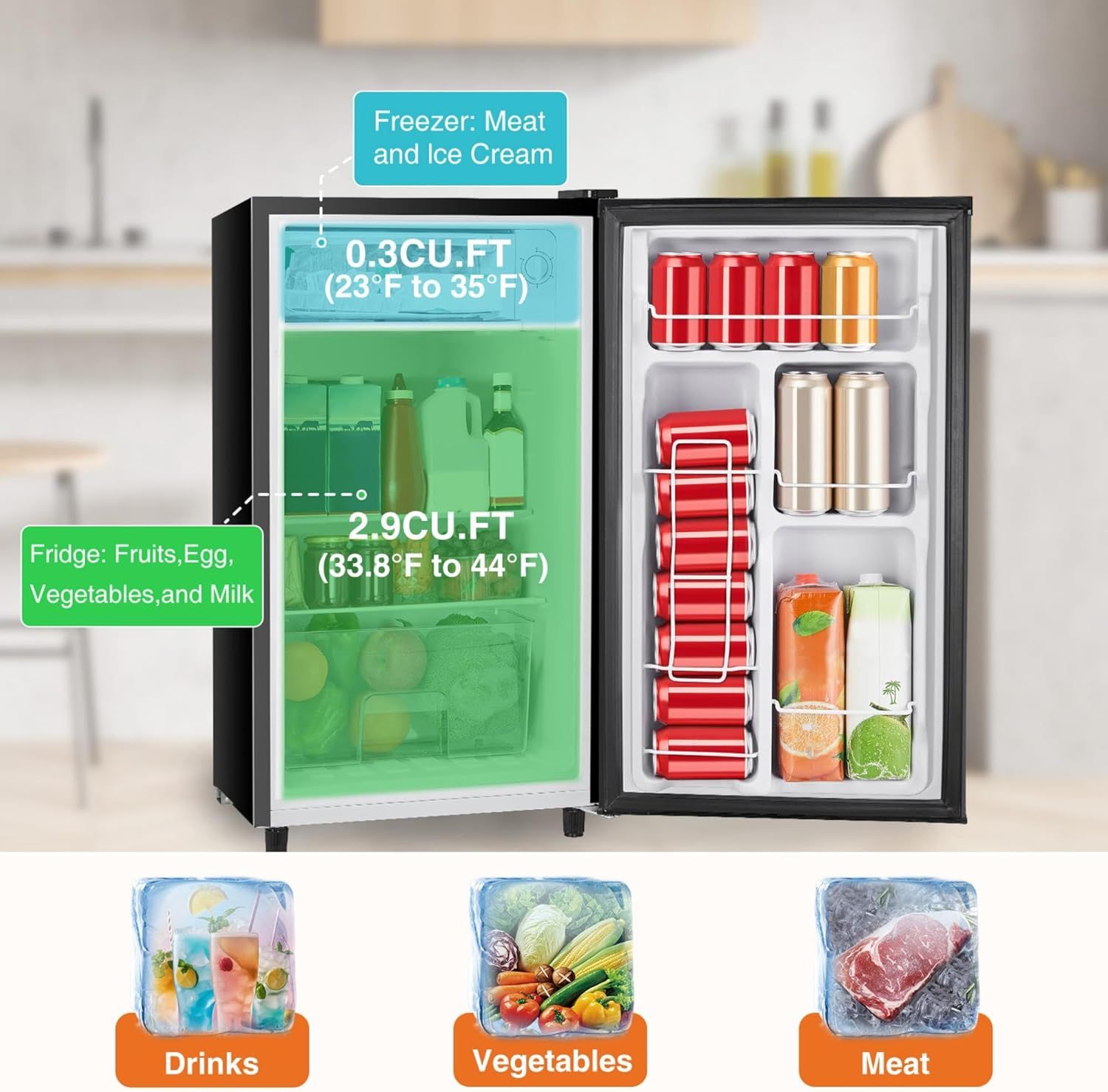Breaks down the mini fridge's internal structure by labeling the freezer and fridge zones with their respective capacities and temperature ranges, helping shoppers understand the product's storage…