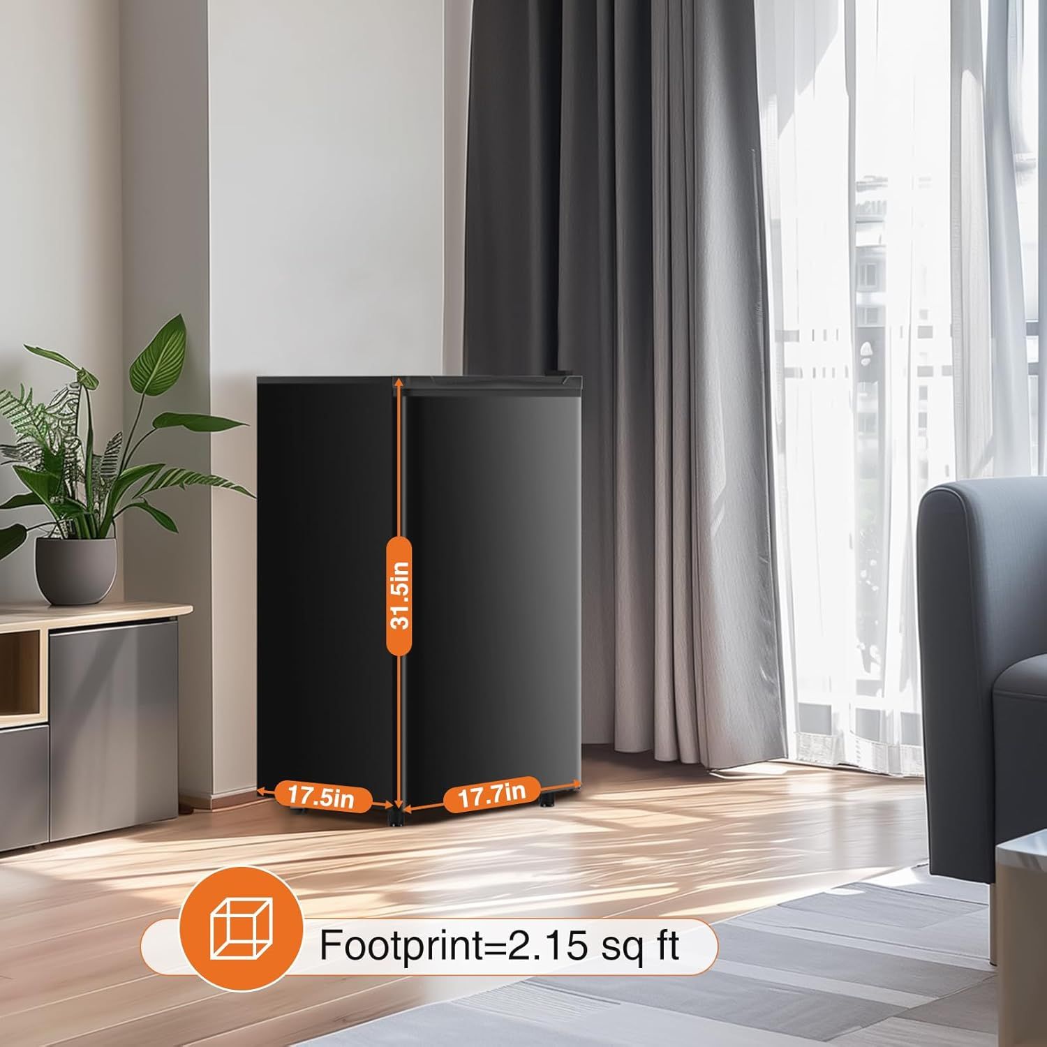 Communicates the physical dimensions and compact footprint of the product to help shoppers understand how much space it will occupy in their home.