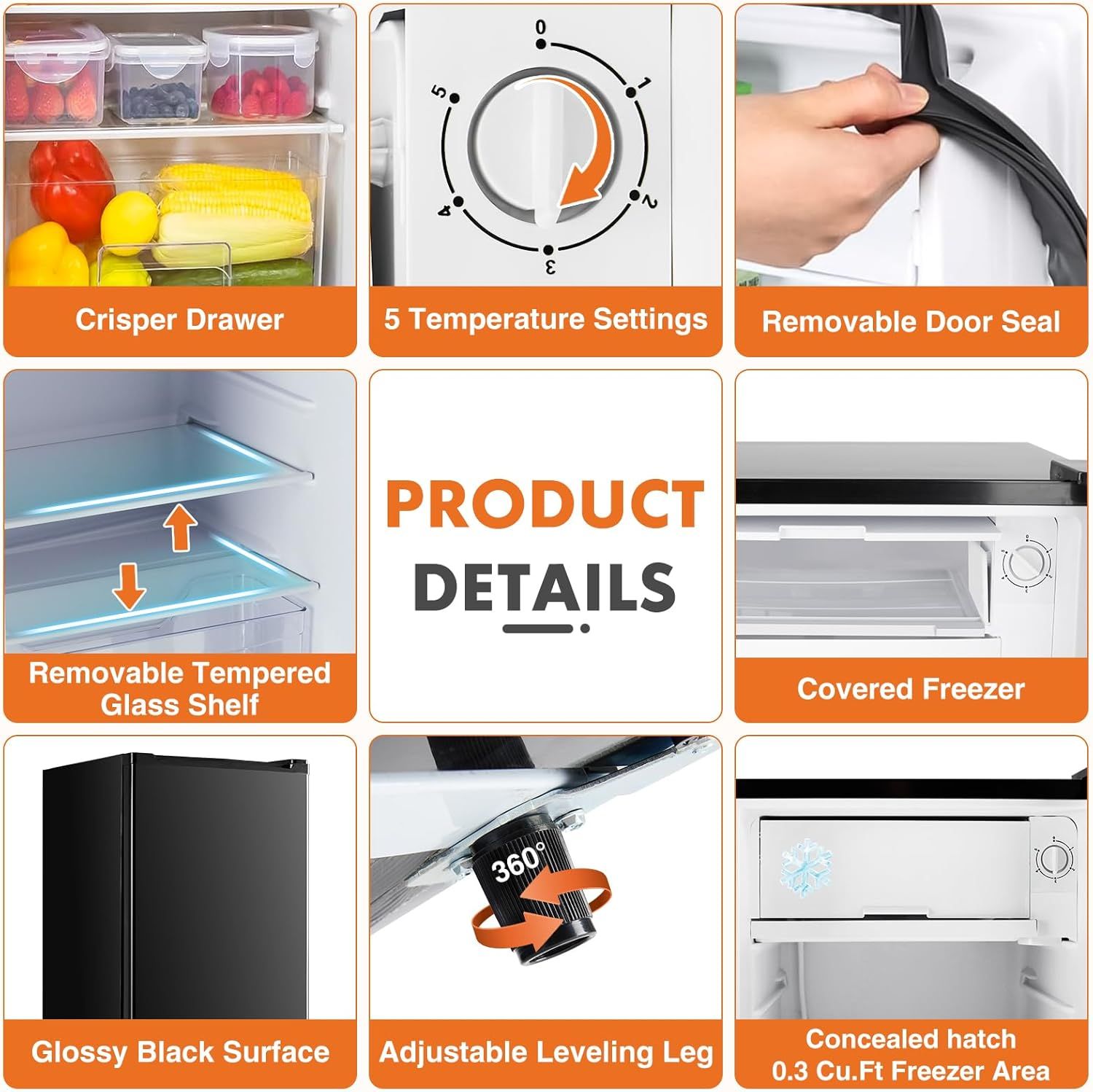 This image showcases multiple distinct features and benefits of the refrigerator in a segmented grid layout, helping shoppers understand the product's key selling points including storage options,…