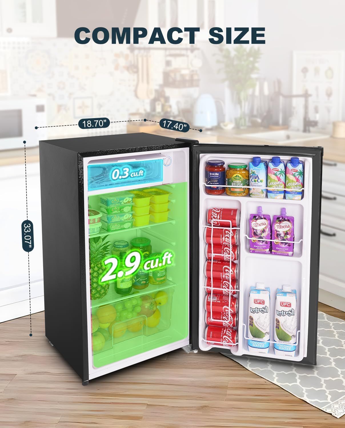 Communicates the physical dimensions of the mini fridge (18.70" x 17.40" x 33.07") to help shoppers understand its compact footprint and ensure it fits their space. Highlights the fridge's storage…