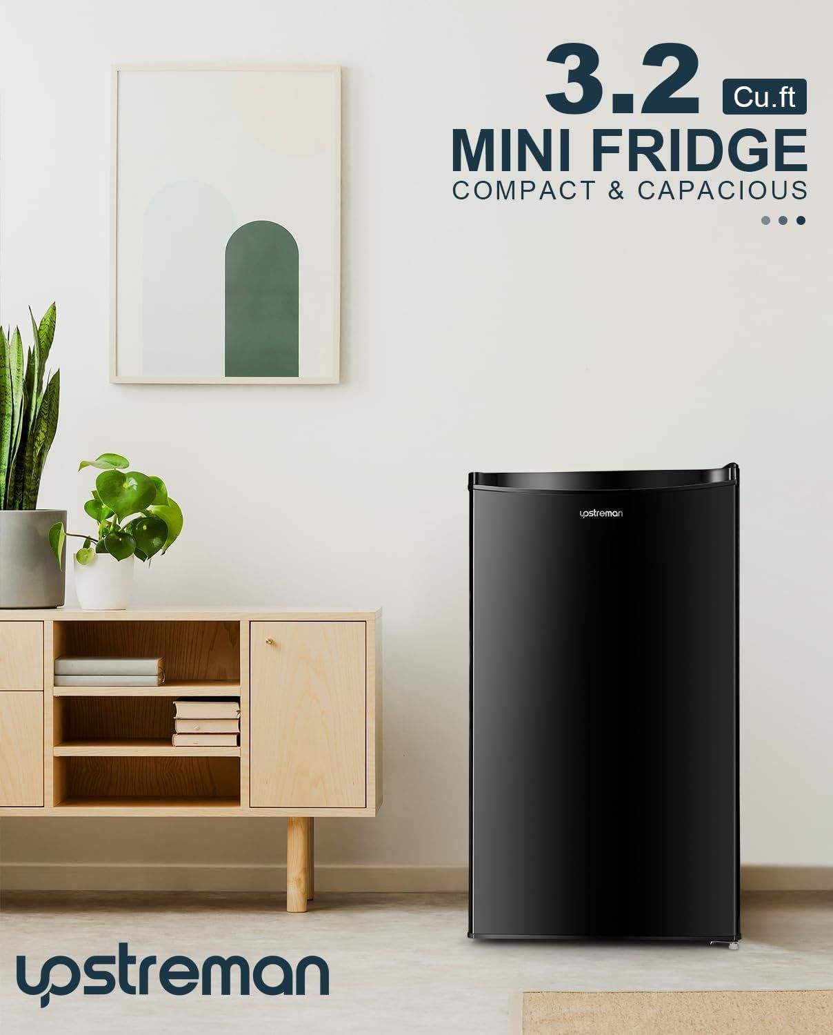 Communicates the storage capacity of the mini fridge to help shoppers understand how much they can store in this compact appliance. Shows the mini fridge in a real-world home environment to help…
