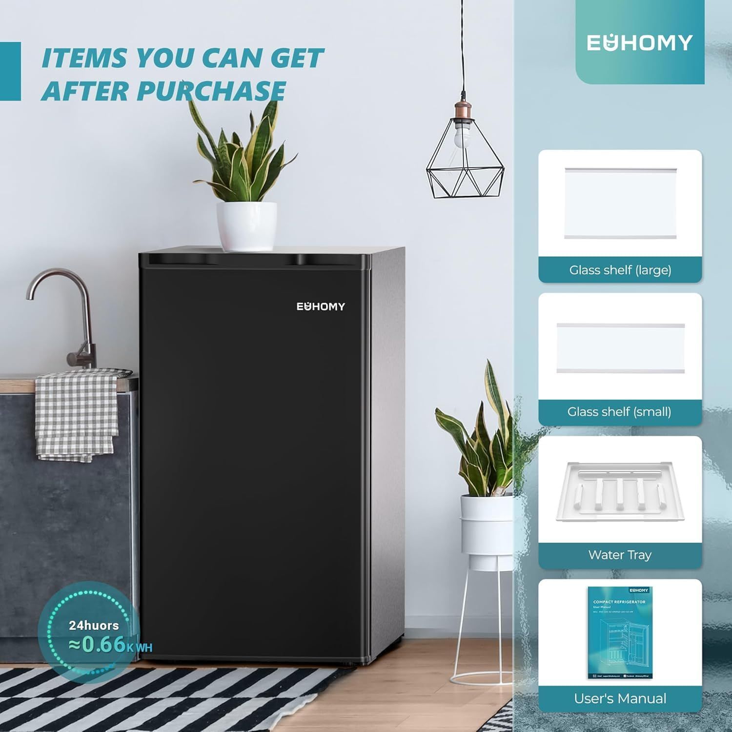 Shows the customer everything included with the mini fridge purchase, including accessories like shelves, water tray, and documentation to set clear expectations about the complete package.