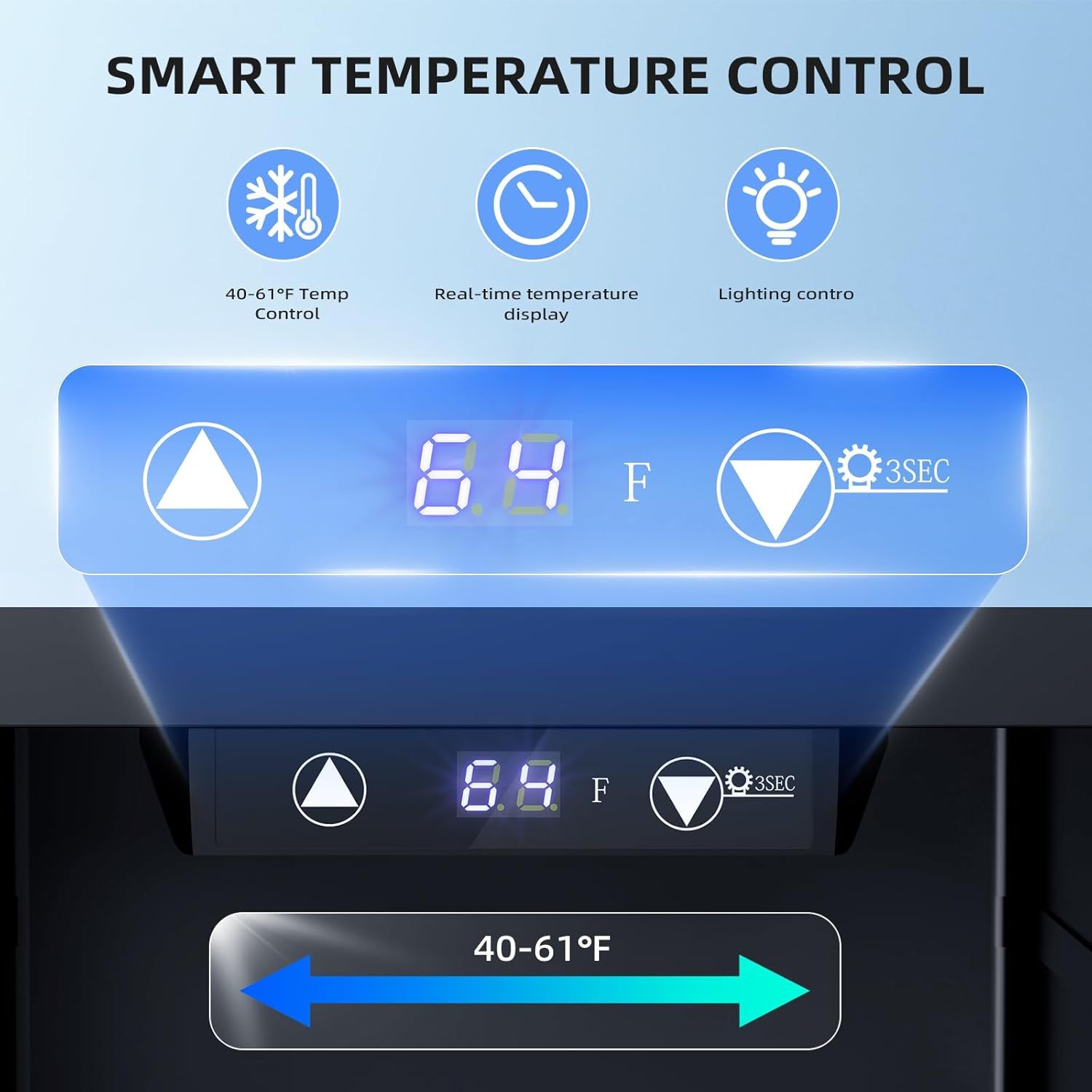Communicates the smart temperature control system's multiple features including adjustable temperature range, real-time digital display, and integrated lighting control to demonstrate the product's…