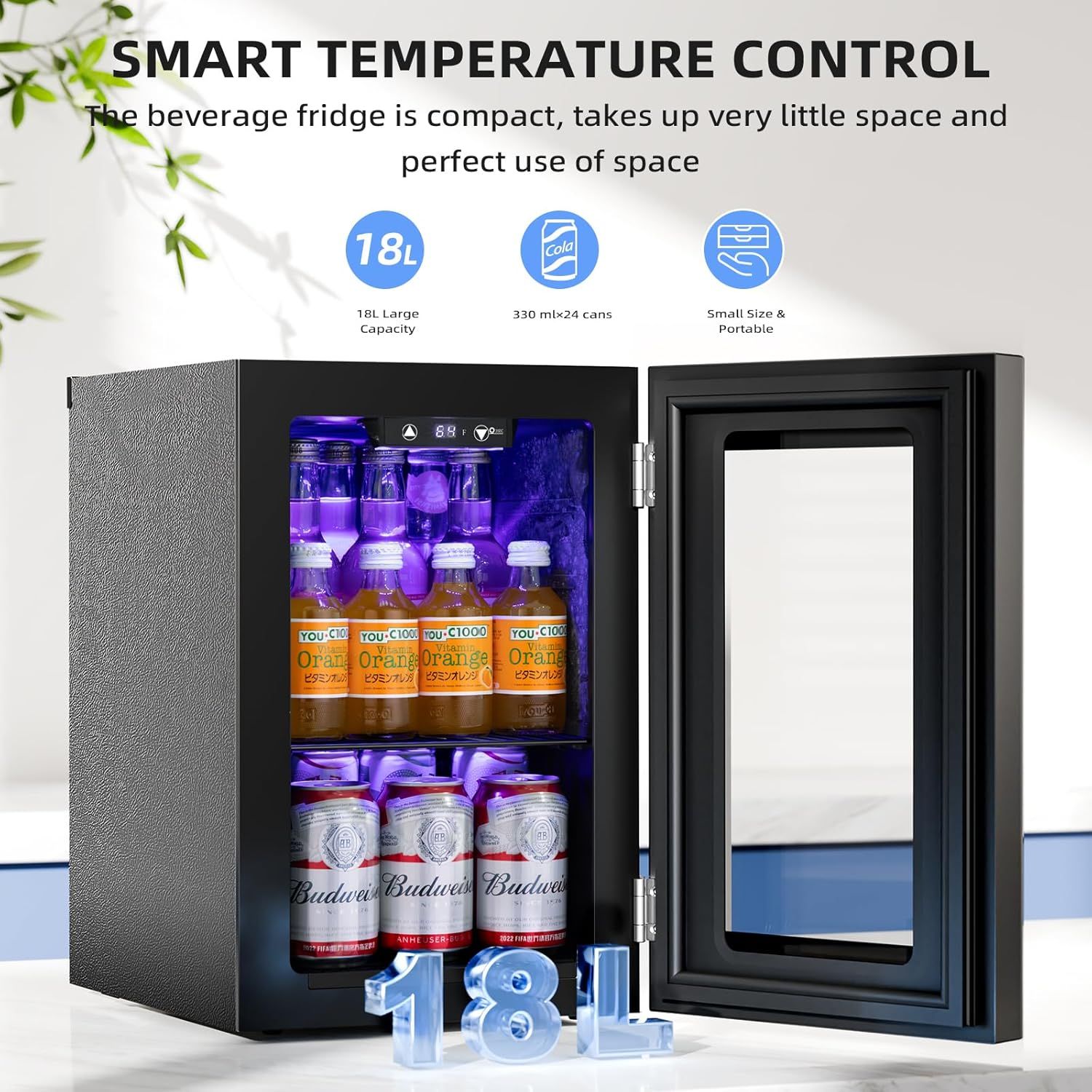Communicates multiple key benefits of the beverage fridge including smart temperature control, 18L capacity that holds 330ml×24 cans, and its small, space-efficient, portable design to help shoppers…