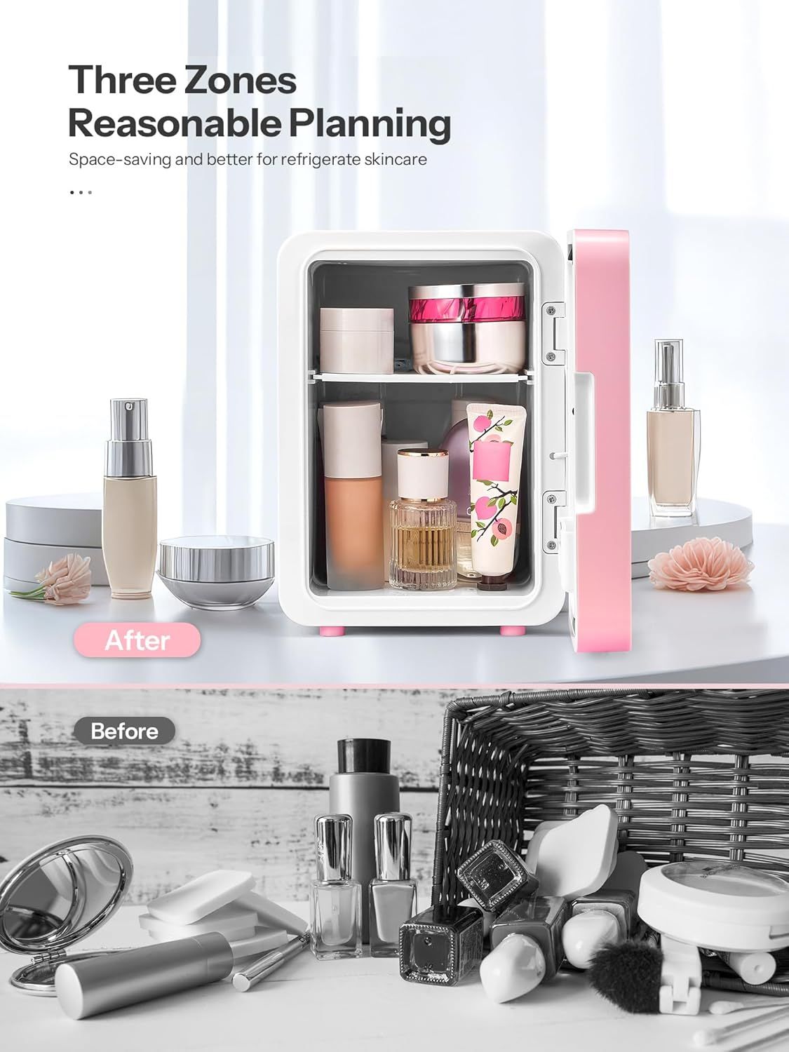 Demonstrates the transformation from cluttered, disorganized skincare items to a neatly organized mini-fridge storage solution, proving the product's effectiveness at organizing and saving space.…