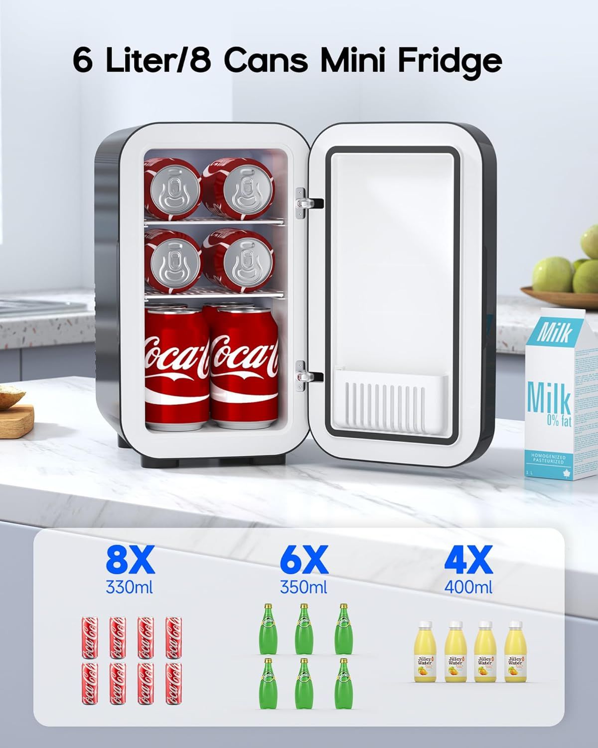 Communicates the storage capacity of the mini fridge in both volume (6 liters) and practical can count (8 cans) to help shoppers understand how much the product can hold. Shows the mini fridge's…