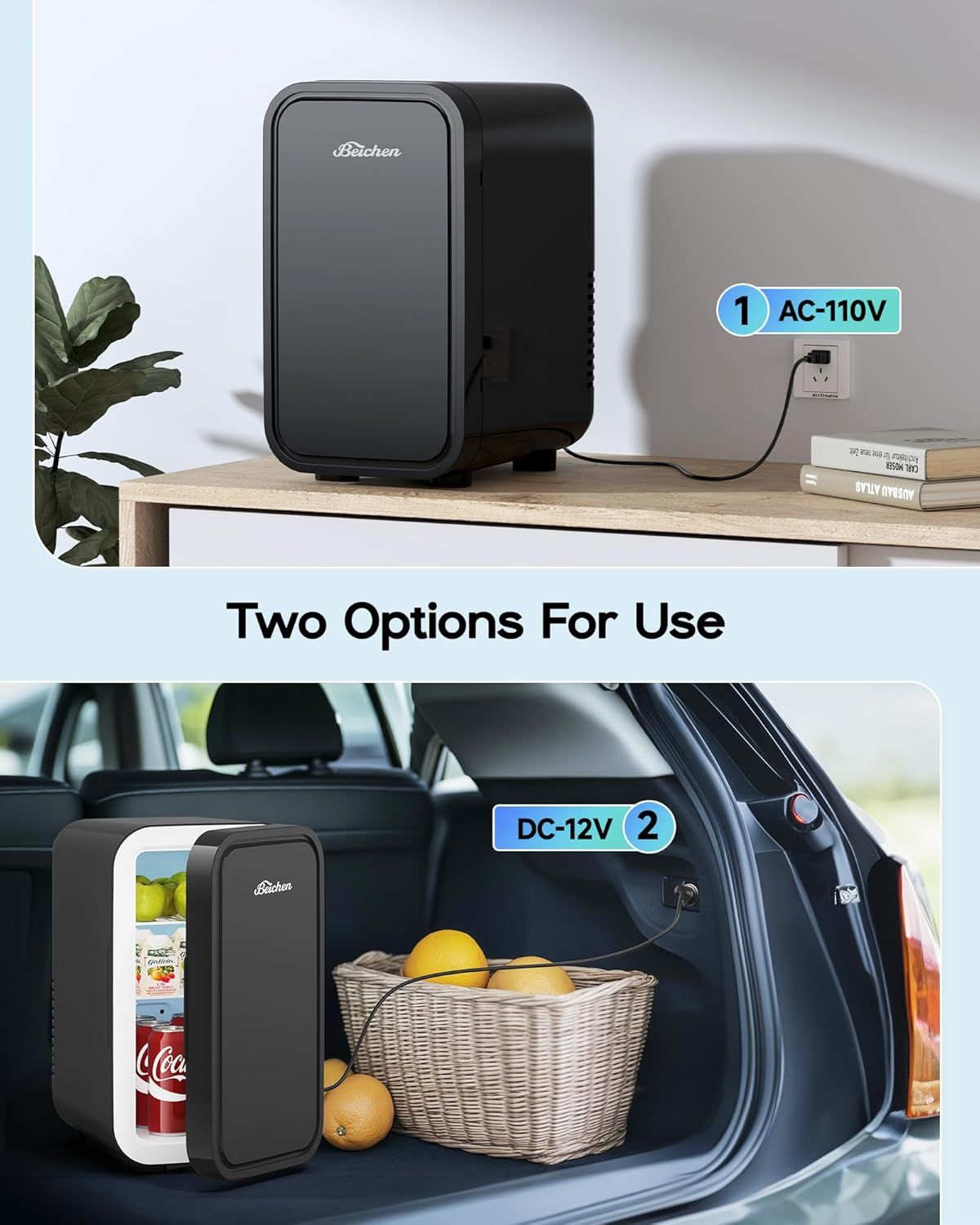 Demonstrates the product's versatility by showing two distinct use cases: plugged into AC-110V for home use and DC-12V for car use, reassuring shoppers of its flexibility across multiple environments.