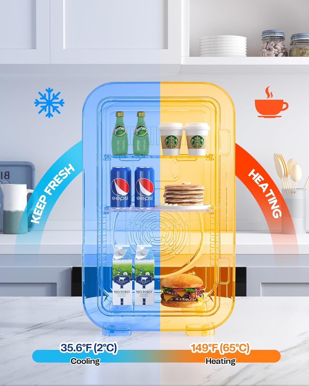 Demonstrates the product's dual-zone capability to both cool and heat items simultaneously, showing shoppers the versatility and convenience of having both functions in one appliance.