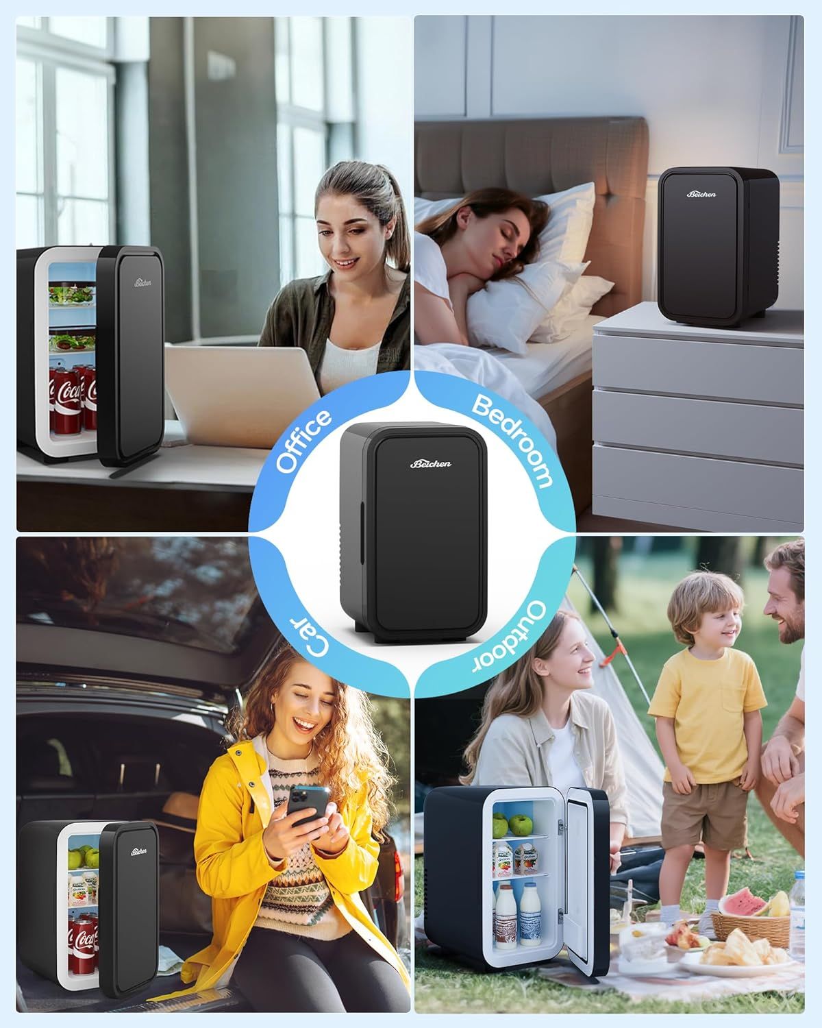Demonstrates the product's versatility by showing it can be used in multiple environments and scenarios—office workspace, bedroom for quiet cooling, car travel, and outdoor activities—reassuring…