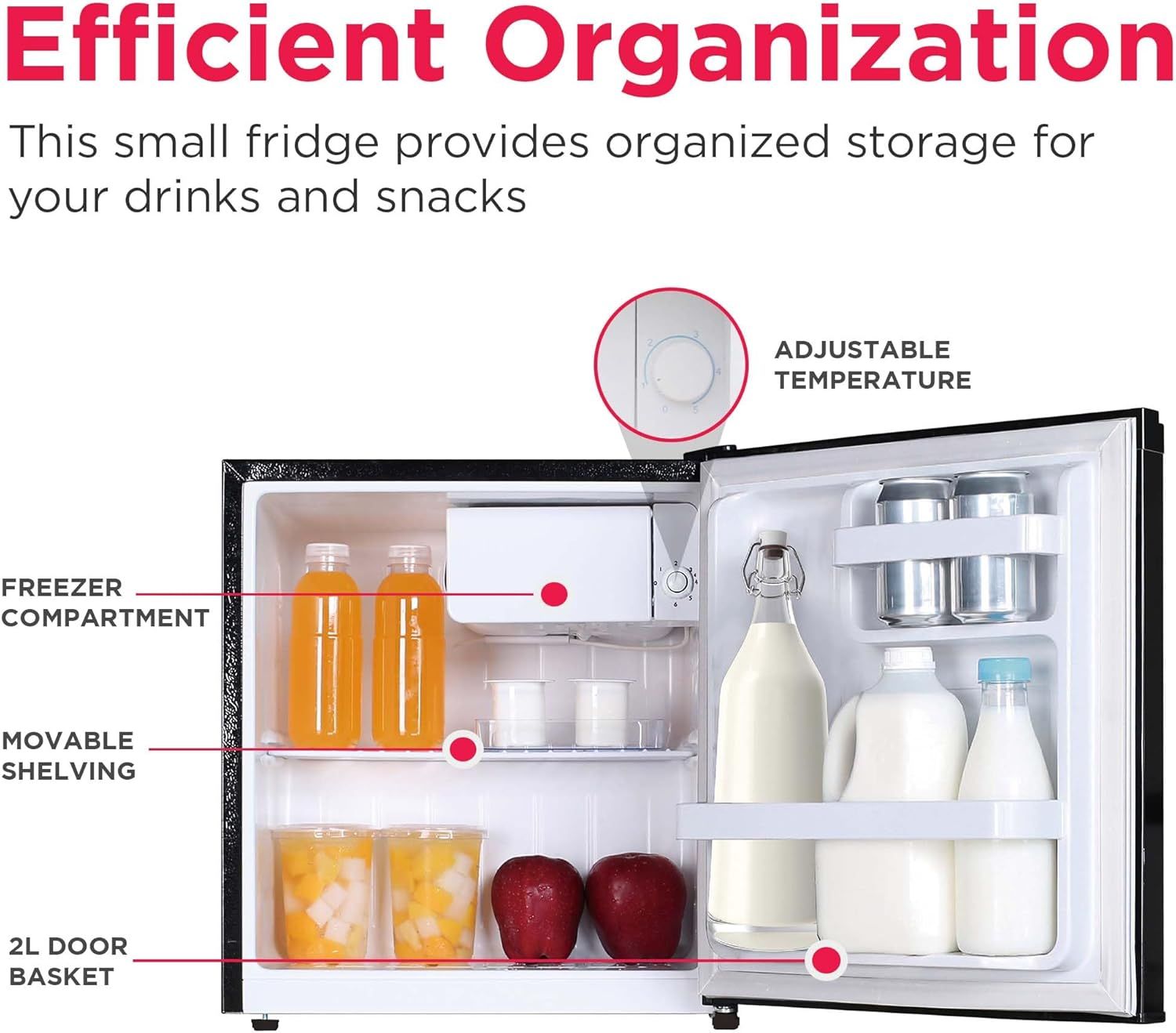 This image breaks down the fridge's internal organization features, pointing out key physical components like the freezer compartment, movable shelving, door basket, and temperature control to help…