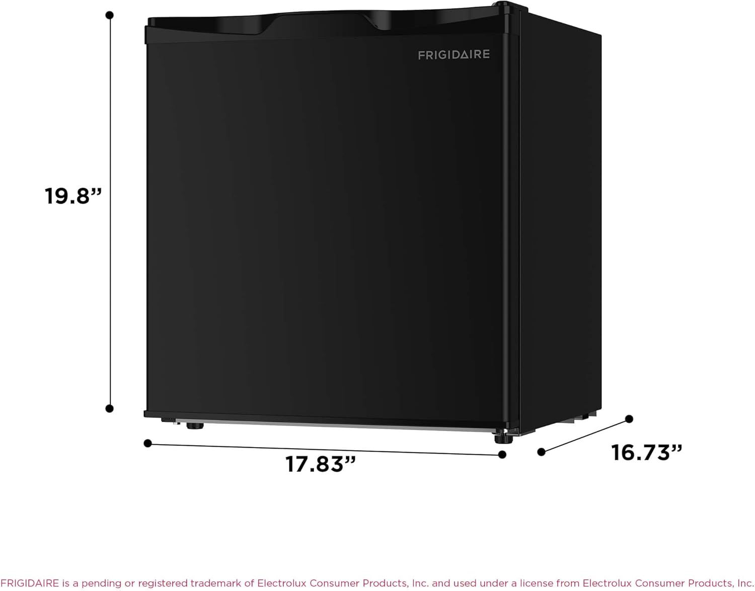 Communicates the exact physical dimensions of the mini fridge to help shoppers understand if it will fit in their intended space.