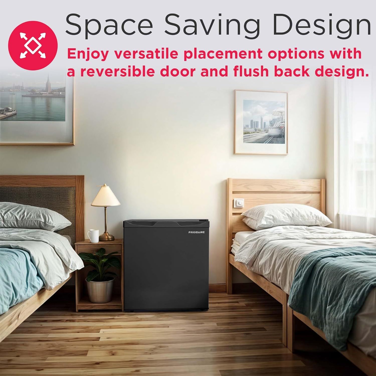 Communicates that the product has a compact, space-saving design with versatile placement options due to its reversible door and flush back, making it ideal for small living spaces like bedrooms.