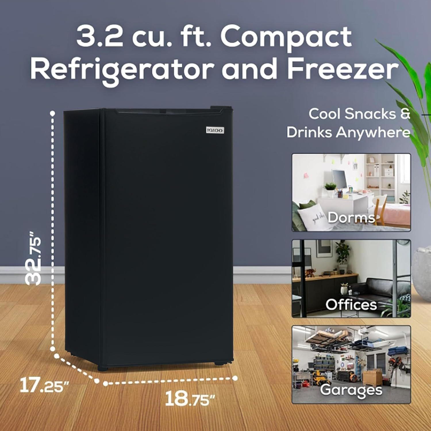 Communicates the physical dimensions of the refrigerator to help shoppers understand its compact footprint and whether it will fit in their space. Demonstrates the product's versatility by showing…