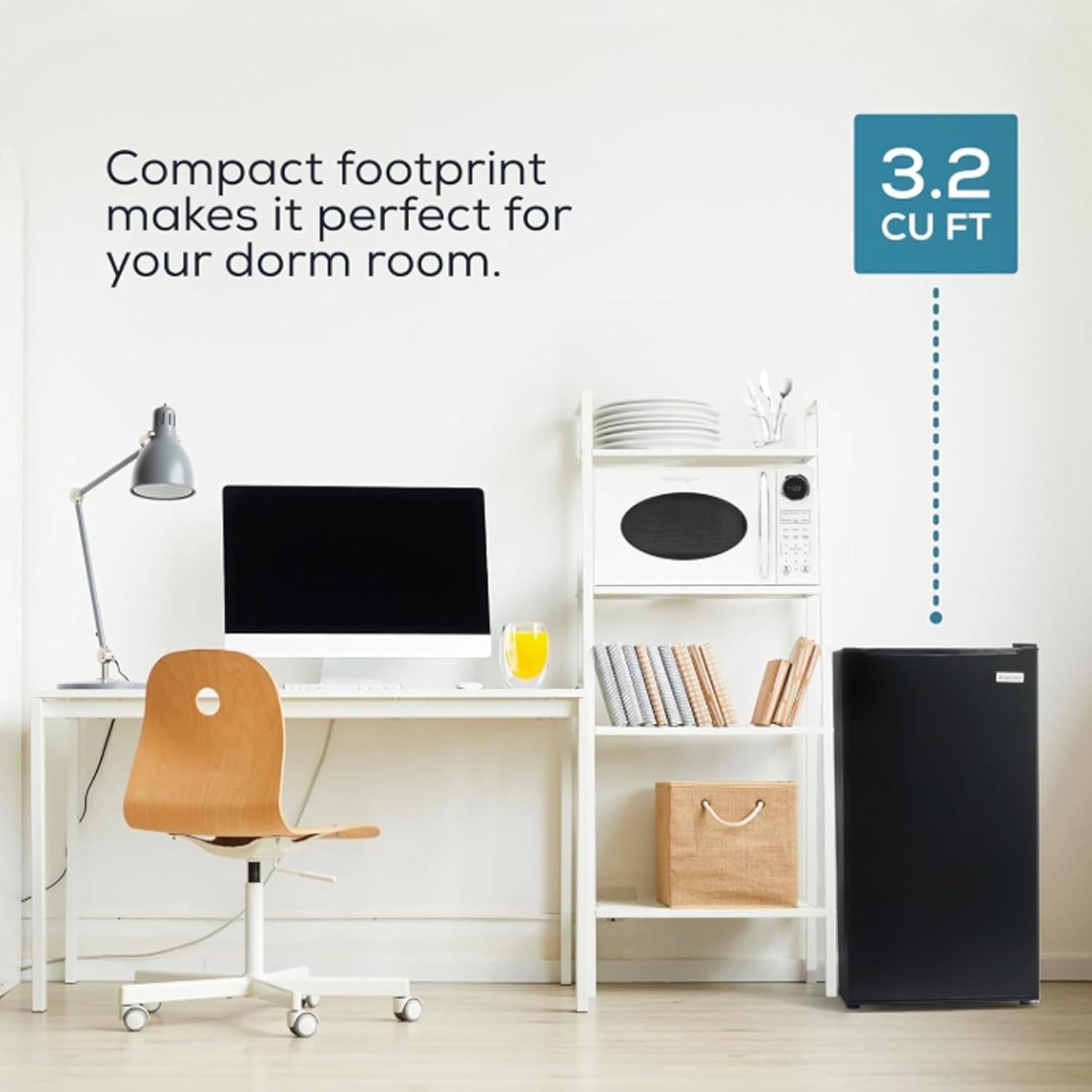 Communicates the product's compact 3.2 cubic foot size to reassure shoppers it will fit perfectly in small spaces like dorm rooms. Highlights the space-saving benefit of the compact refrigerator,…