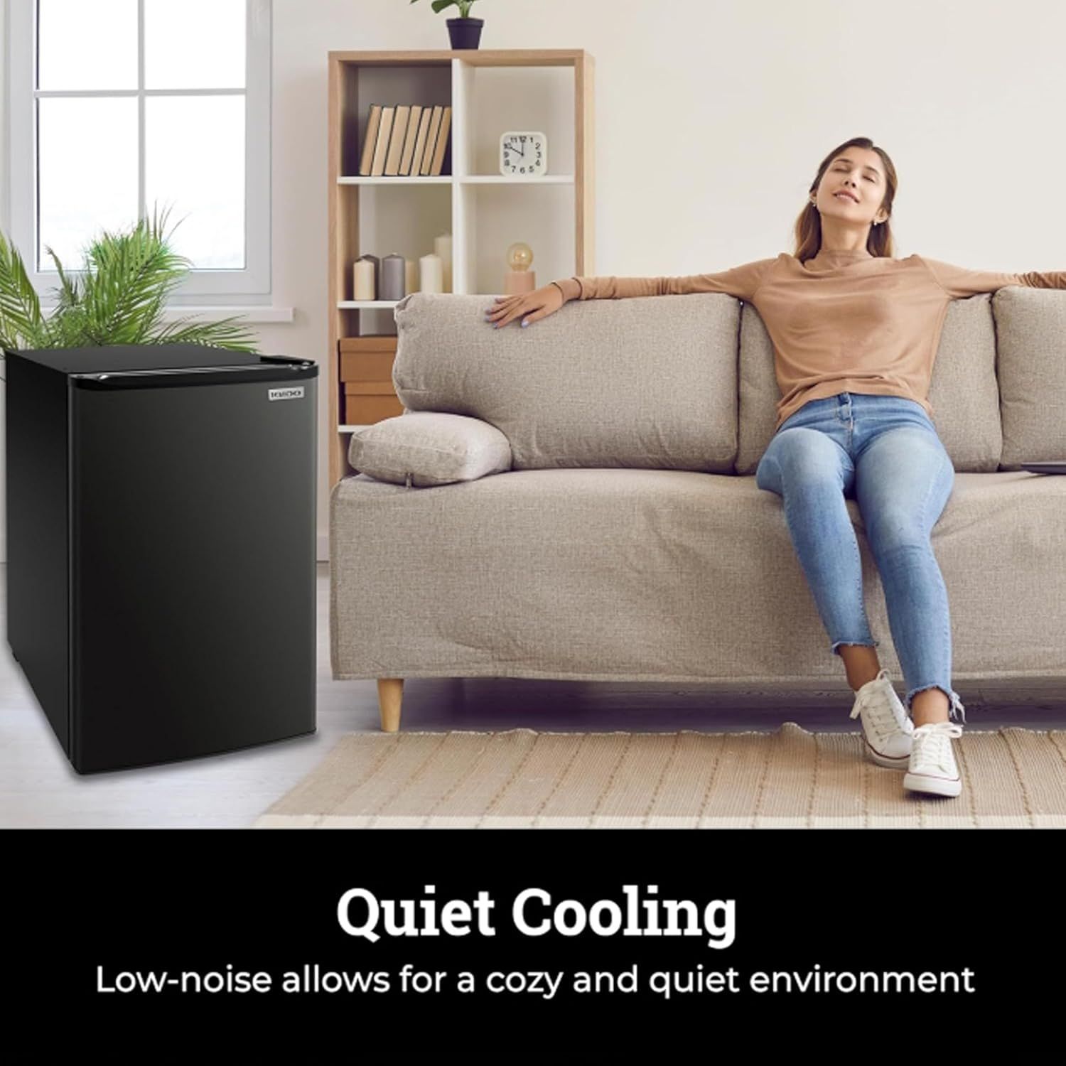 Communicates that the product operates quietly, allowing users to enjoy a peaceful, cozy environment without disruptive noise.