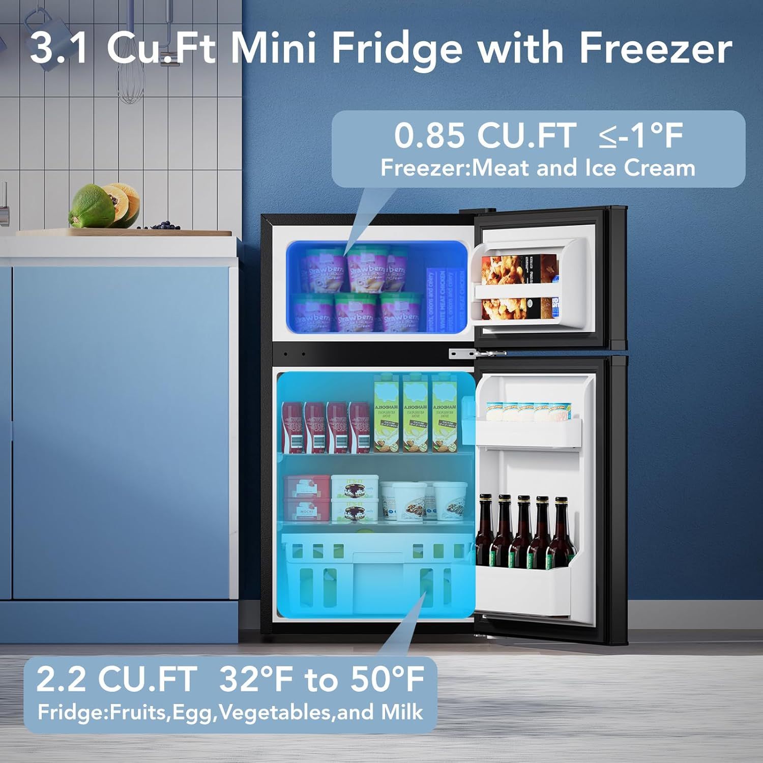 Communicates the storage capacity of the mini fridge and freezer compartments with specific cubic footage measurements and temperature ranges to help shoppers understand how much the product can…