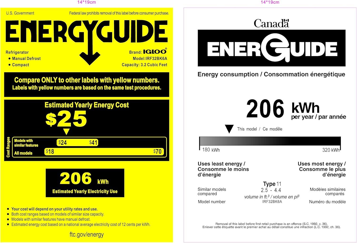 Communicates the product's energy efficiency through quantifiable metrics (206 kWh per year, $25 estimated yearly cost) to help shoppers understand operating costs and environmental impact, with…