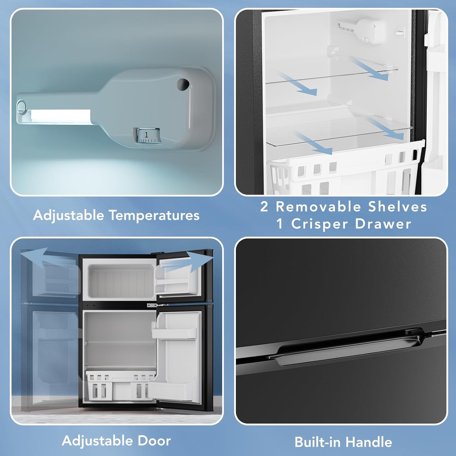 Showcases multiple distinct features of the refrigerator in a segmented four-panel layout to communicate versatility, customization, and convenience to shoppers.