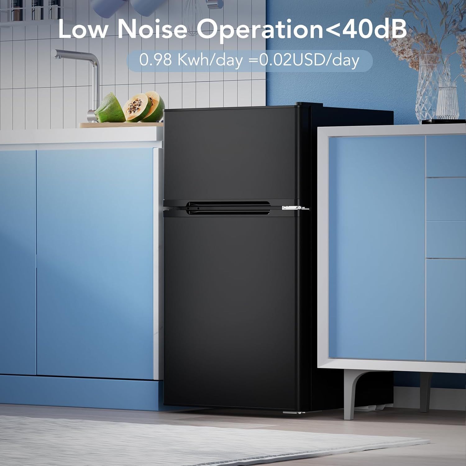 Communicates the product's quiet operation (under 40dB) and low energy cost (0.98 Kwh/day = $0.02 USD/day) to reassure shoppers that this refrigerator is both peaceful and economical to run.…