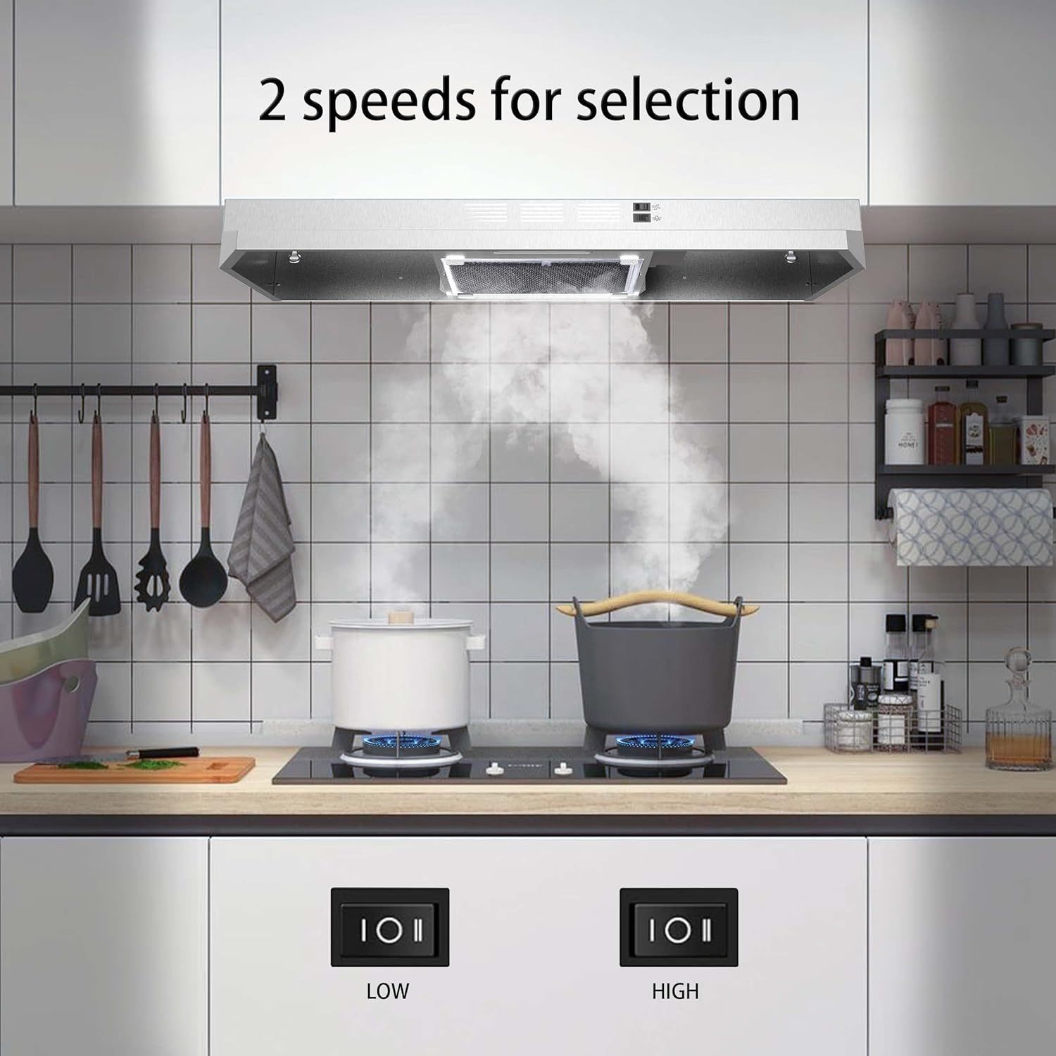 Communicates that the range hood offers two speed options (low and high) for flexible ventilation control, giving shoppers confidence in customizable performance.