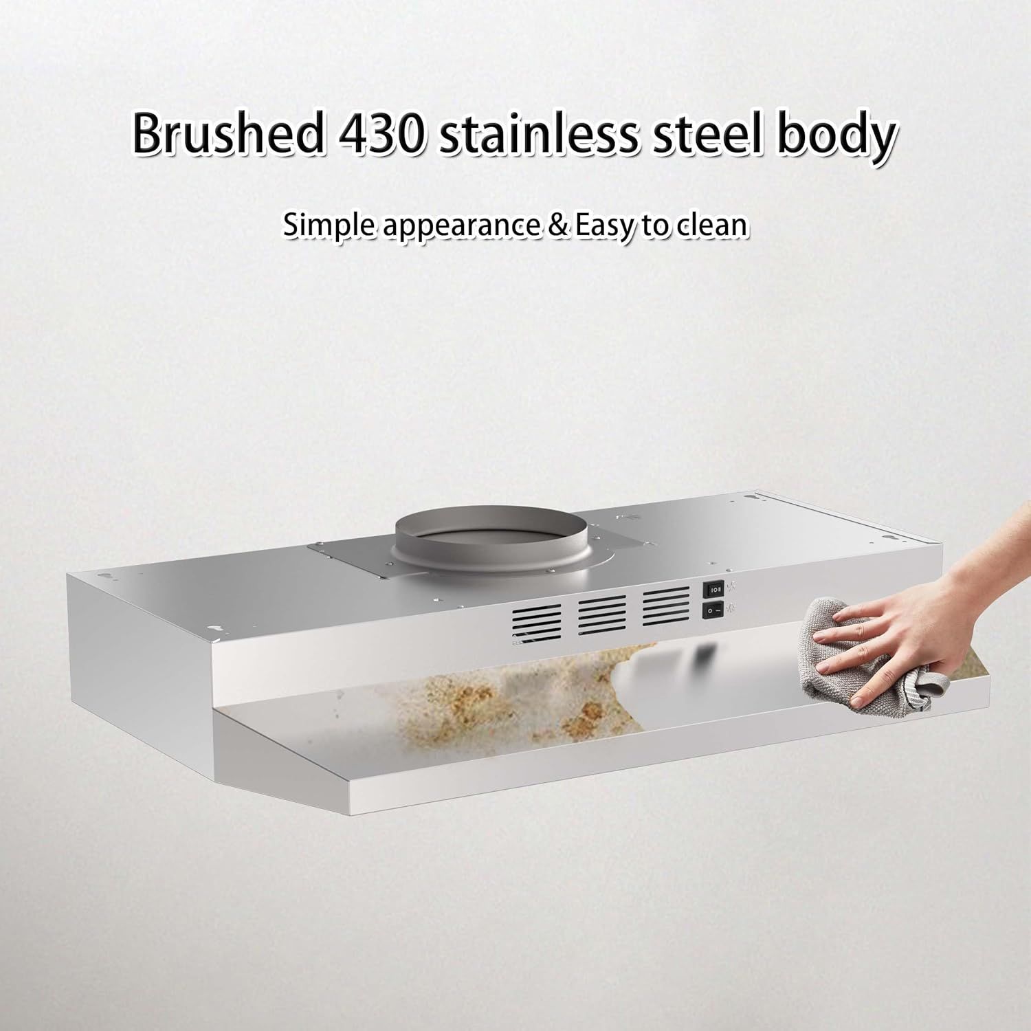 Highlights the product's brushed 430 stainless steel construction and easy-to-clean surface, reassuring shoppers that maintenance is simple and the material is durable and attractive.