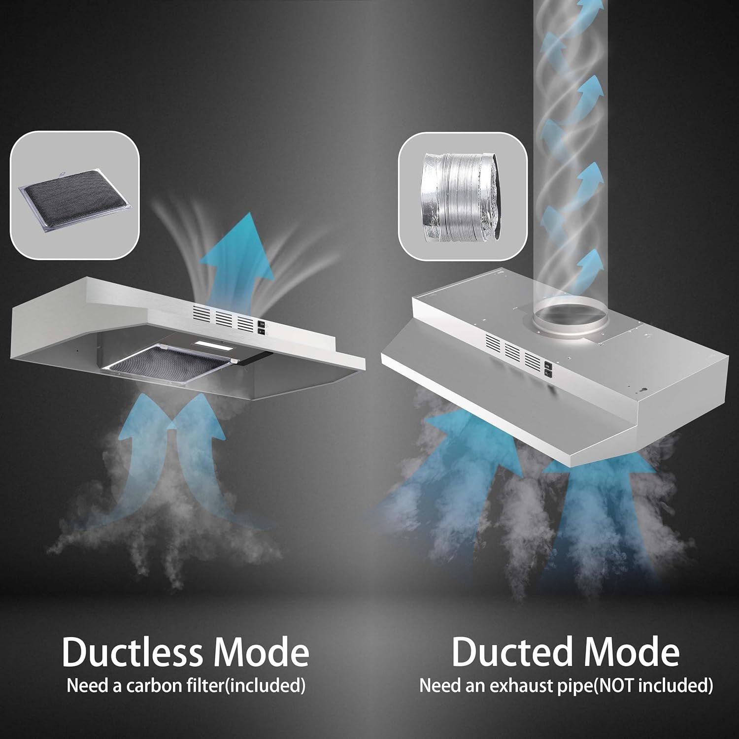 Demonstrates the two installation modes available for this range hood—ductless with carbon filter or ducted with exhaust pipe—helping shoppers understand their setup options. Highlights the…