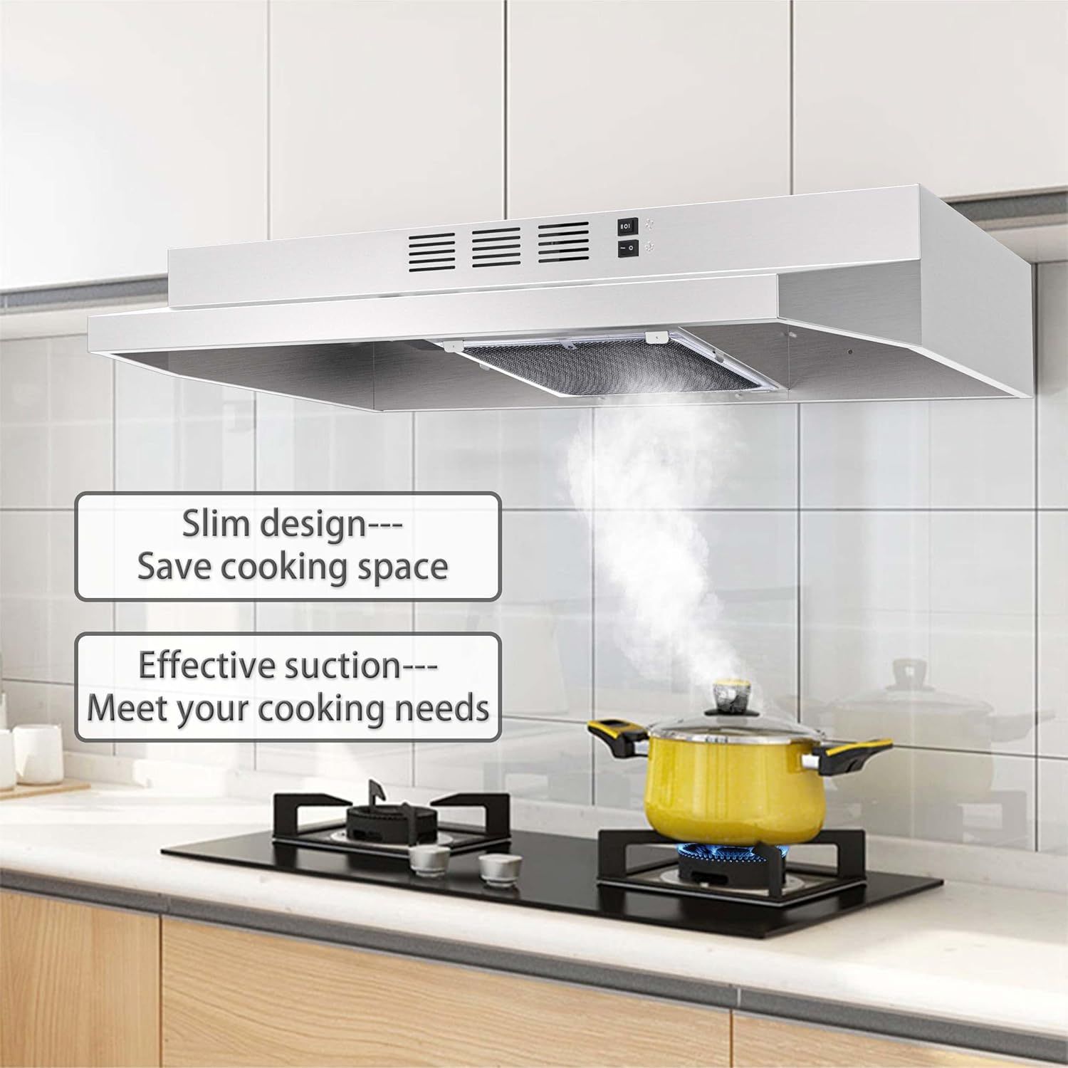 Communicates two distinct benefits of the range hood: its slim, space-saving design and its effective suction capability for cooking needs.
