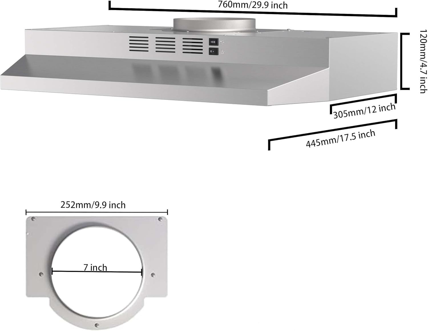 Provides exact measurements of the range hood's width, depth, height, and duct opening to help shoppers determine if it will fit their kitchen space.