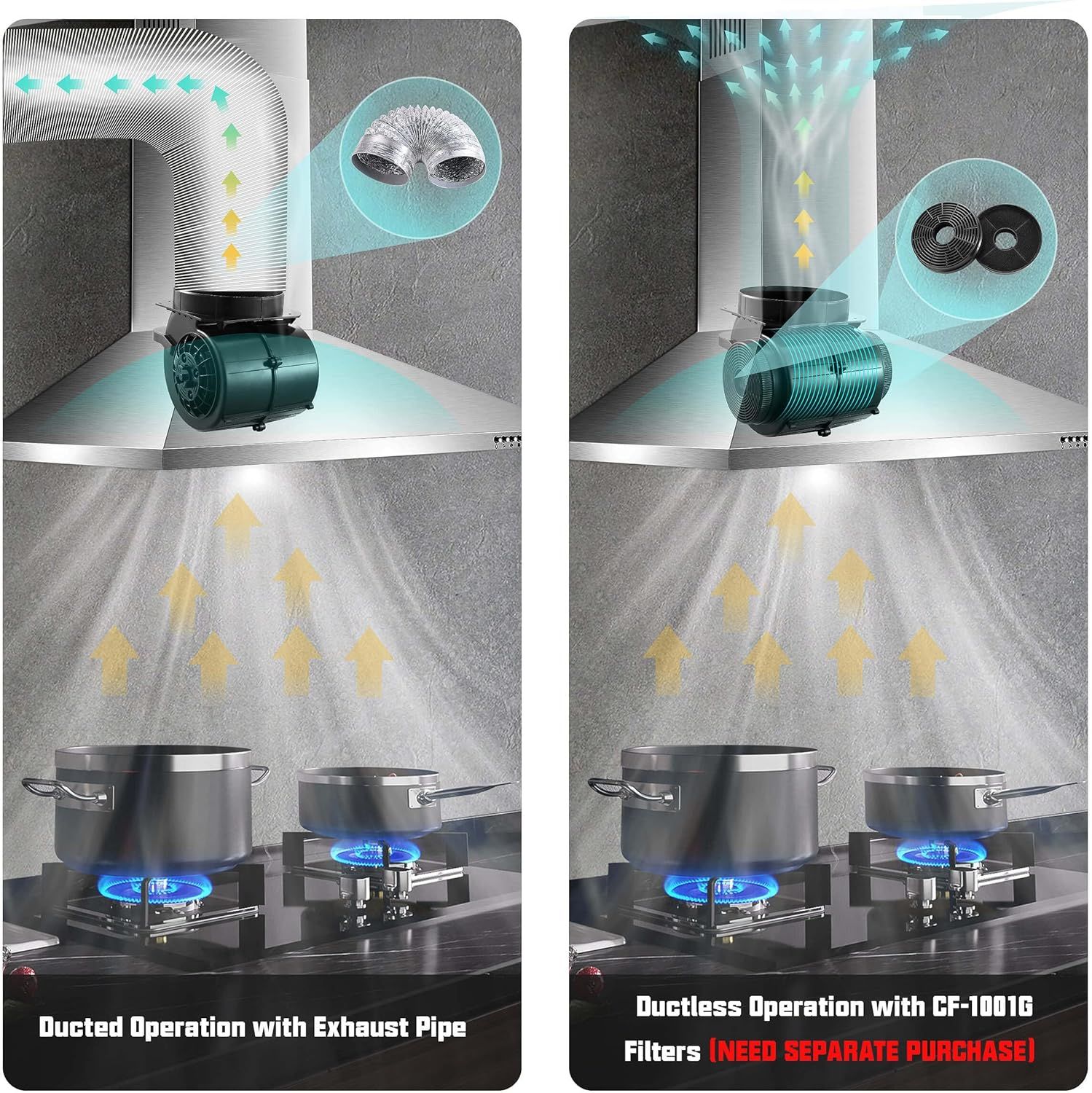 Demonstrates the difference between ducted operation with an exhaust pipe versus ductless operation with filters, showing shoppers they have two installation options and highlighting the cleaner,…