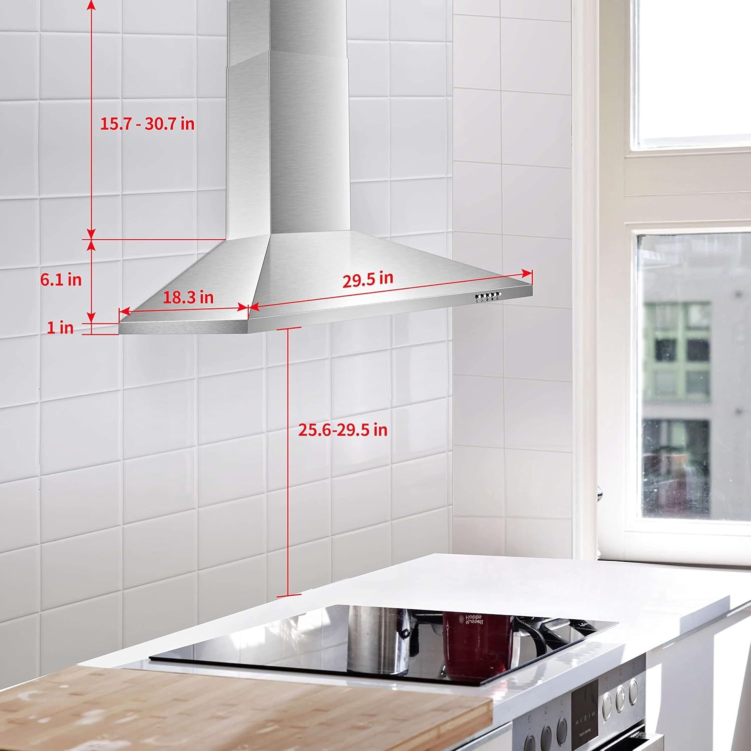Communicates the exact physical dimensions and adjustable ranges of the range hood to help shoppers determine if it will fit their kitchen space.