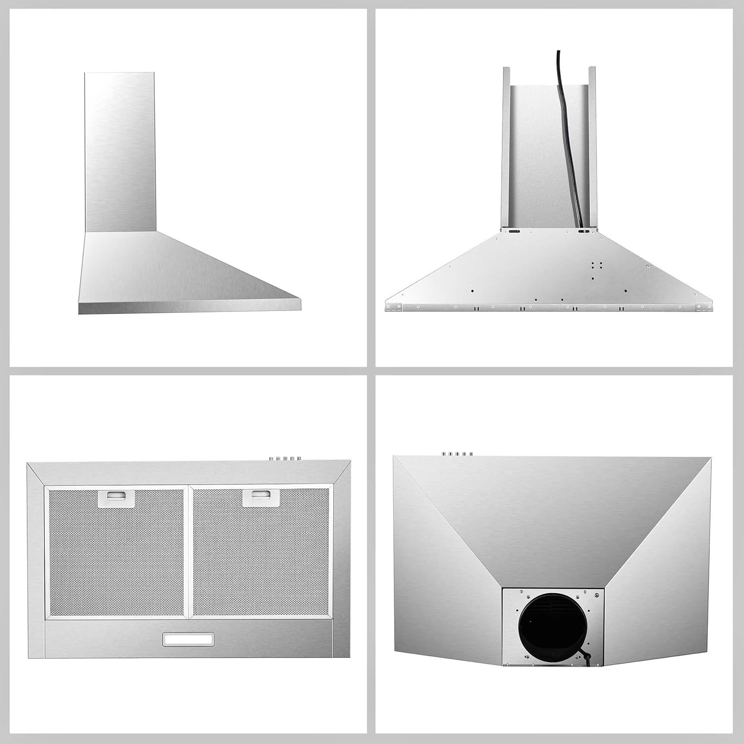 Provides clean, catalog-style views of the range hood from multiple angles (side, back, front, bottom) to help shoppers understand the product's physical appearance and design without distractions.