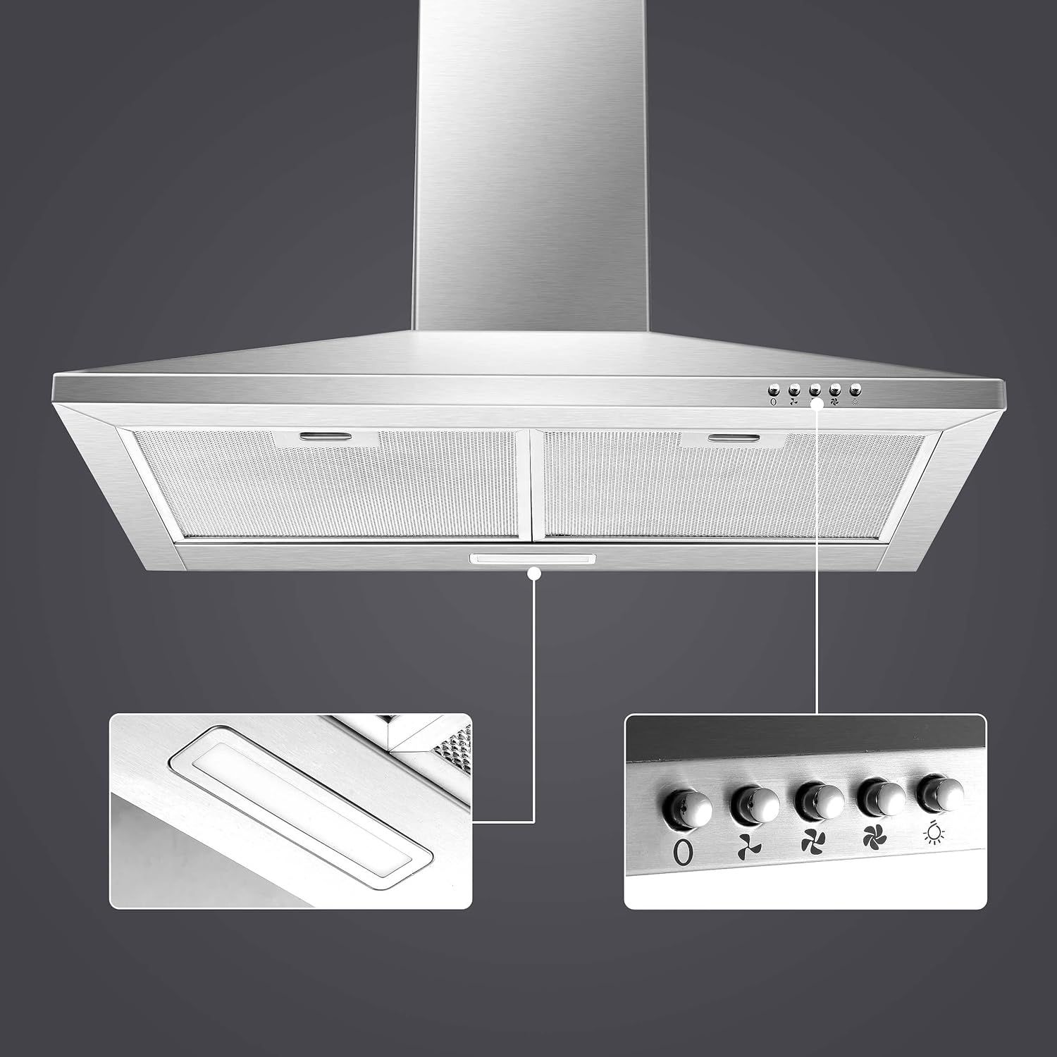 Highlights the key physical components of the range hood, including the control panel with speed settings and lighting, and the grease filter system, to help shoppers understand the product's…