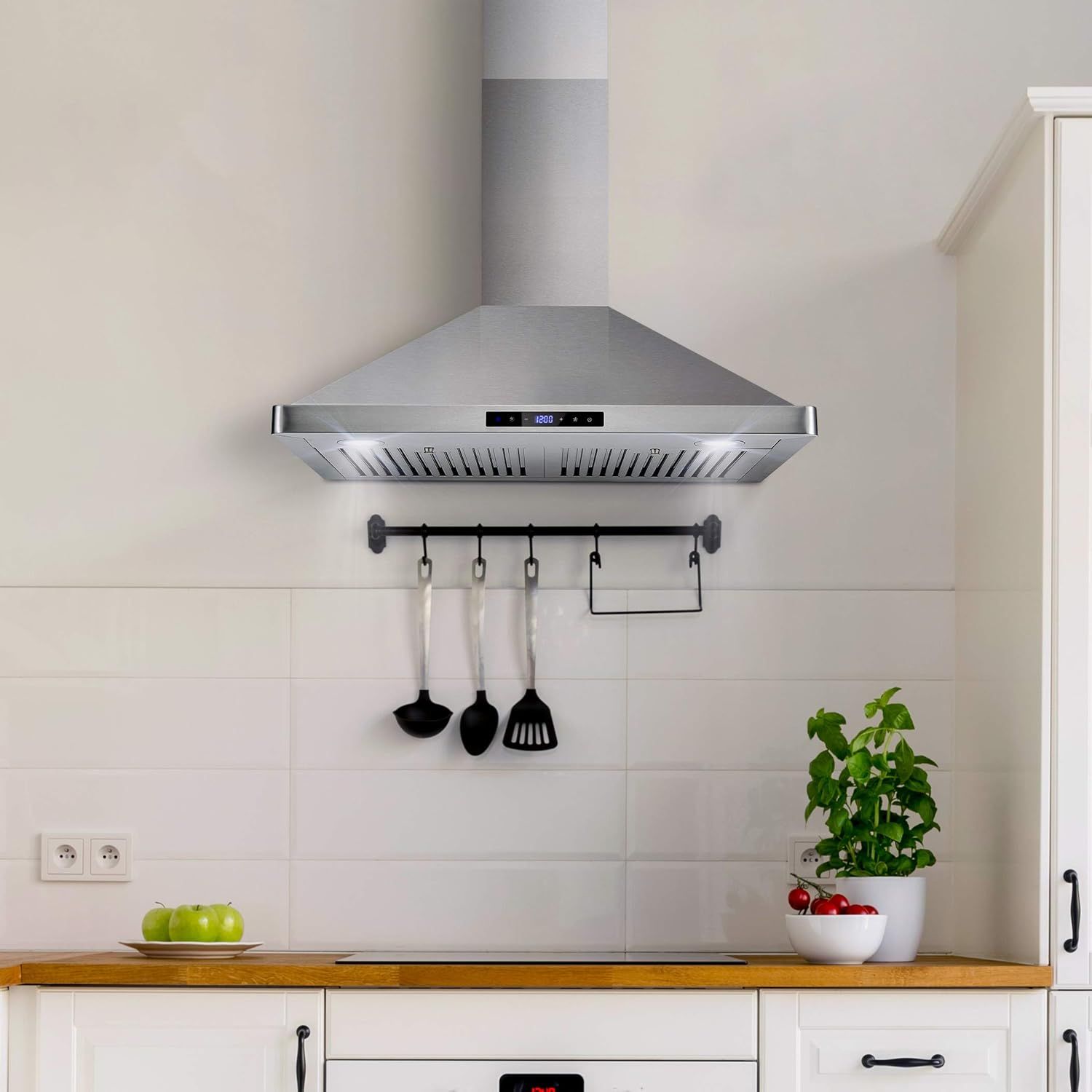 Demonstrates the product installed in a real kitchen environment to help shoppers visualize how it would look in their own home.