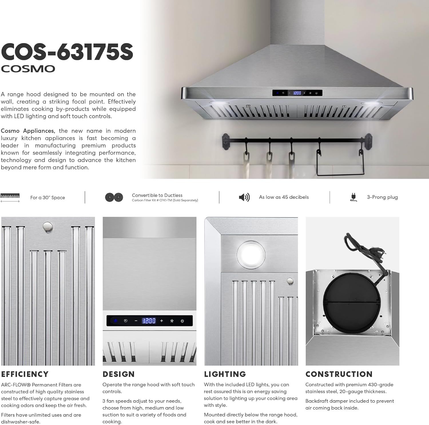 This image showcases multiple distinct benefits of the range hood across four segmented panels, highlighting efficiency, design, lighting, and construction quality to demonstrate the product's…