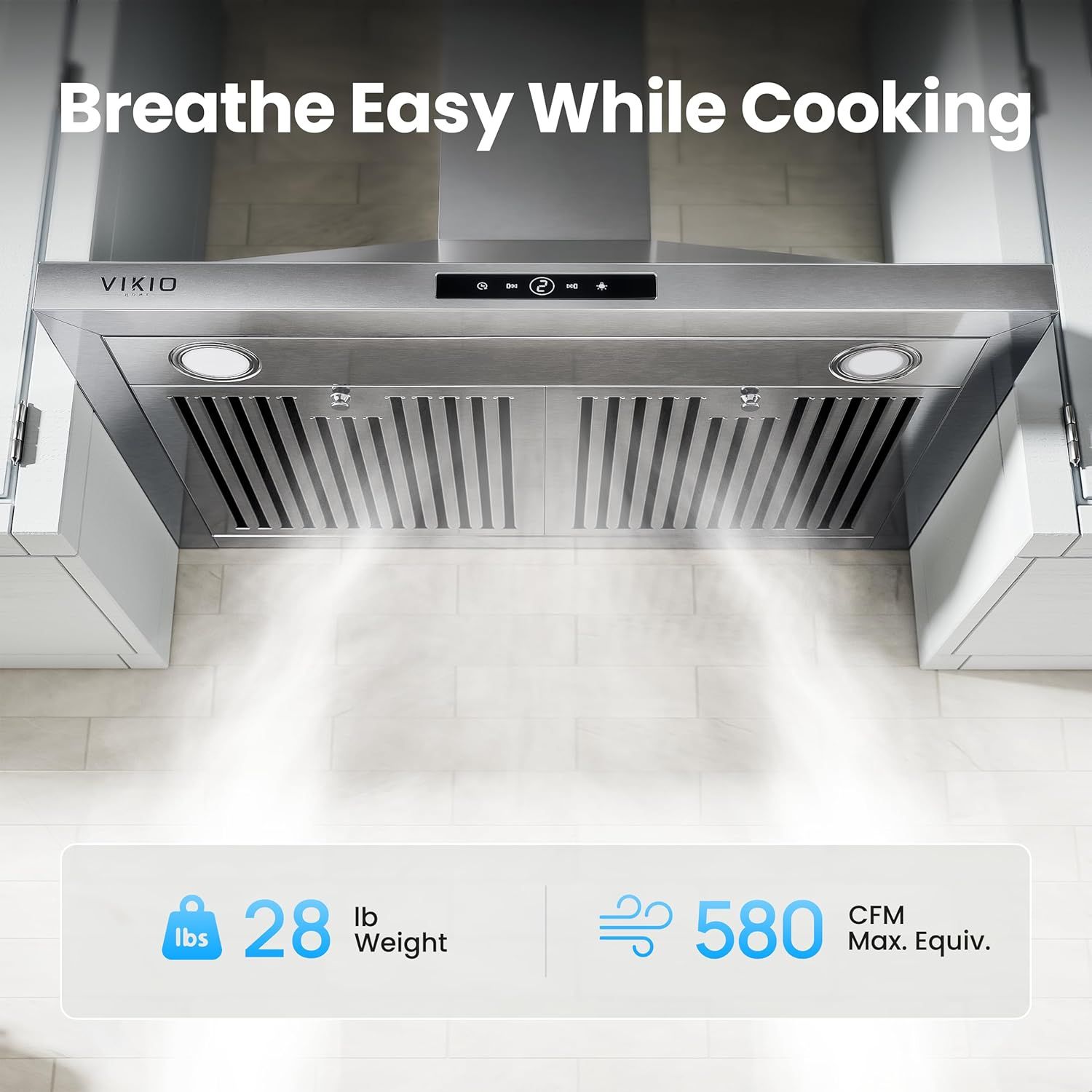 Communicates the product's lightweight design (28 lbs) and powerful ventilation performance (580 CFM Max. Equiv.) to reassure shoppers of both ease of installation and effective air circulation…