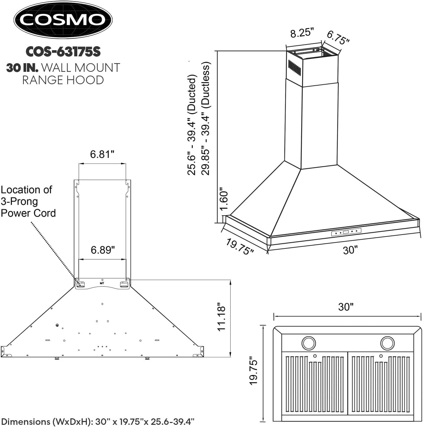 Provides detailed dimensional specifications and technical measurements to help shoppers understand the exact physical size of the range hood and ensure proper fit during installation.