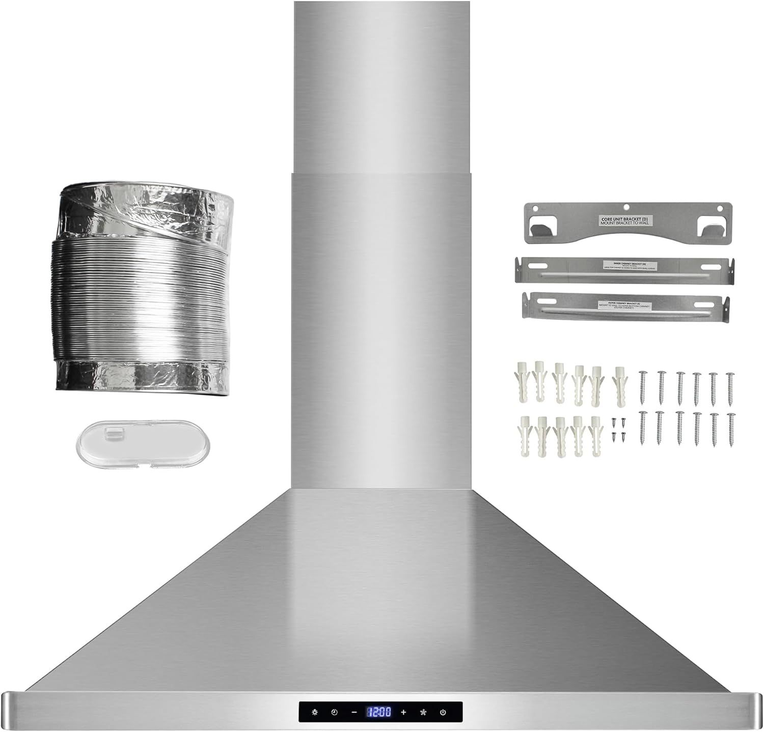Shows all components included with the range hood purchase, including ductwork, mounting brackets, hardware, and accessories, to reassure shoppers they have everything needed for installation.