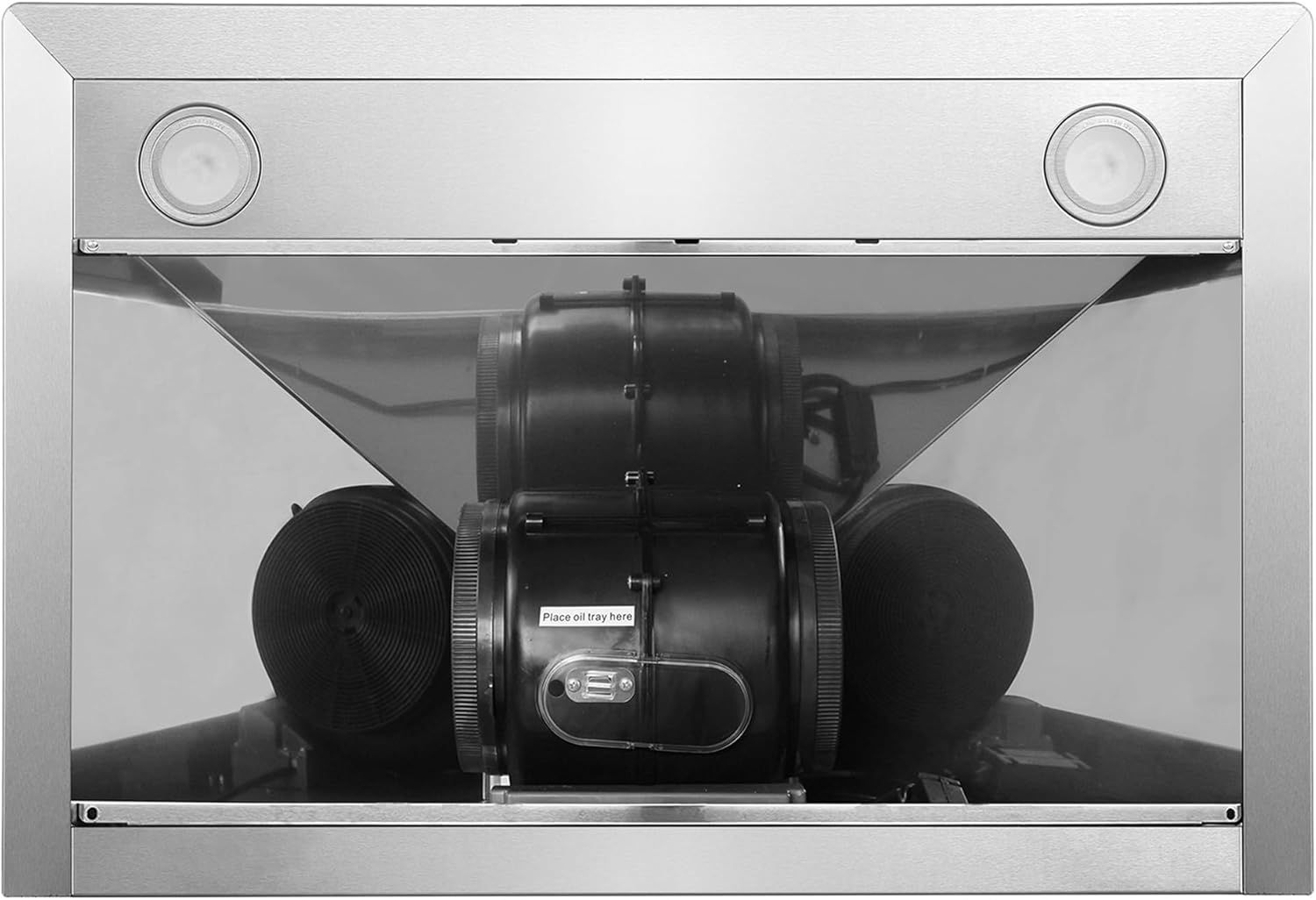 Shows the internal components and construction of the range hood, highlighting the motor, ventilation system, and dual fan design to reassure shoppers of the product's quality and engineering.