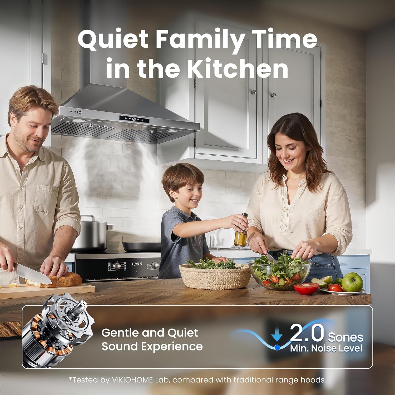 Communicates the product's quiet operation with a specific noise measurement (2.0 Sones) to reassure shoppers that the range hood won't disrupt family time or conversation in the kitchen. Highlights…