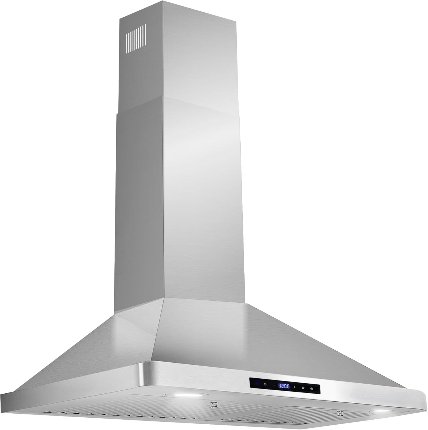 Provides a clear, unobstructed view of the range hood's design, finish, and form factor on a neutral background for catalog presentation.