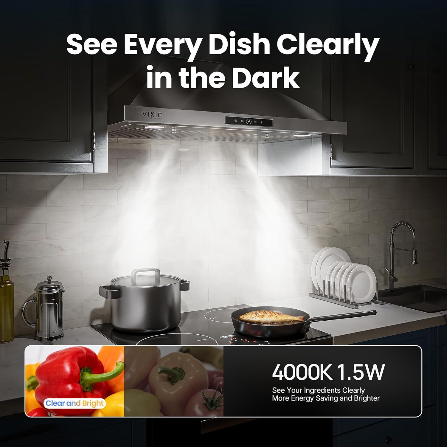 Demonstrates the range hood's powerful LED lighting that illuminates the cooking area clearly even in dark conditions, emphasizing visibility and energy efficiency.
