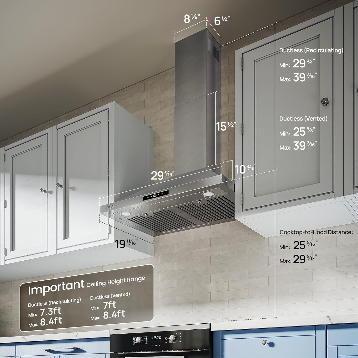 Provides detailed dimensional specifications and clearance requirements to help shoppers determine if the range hood will fit their kitchen space and meet installation requirements.