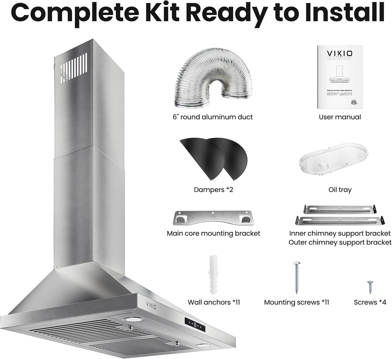 Shows all components included in the package to reassure shoppers they have everything needed for installation, including the range hood, ductwork, mounting hardware, and accessories.